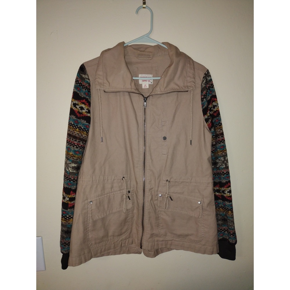 Mossimo Supply Co. Tan Utility Jacket with Multicolor Knit Sleeves